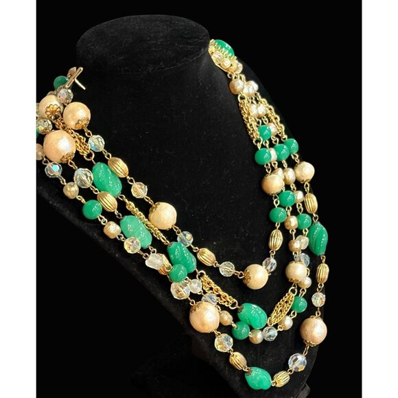 1950s Weiss-style Multi Strand Faux Jade Cotton Pearl Crystal Bead Bib Necklace - Picture 5 of 7